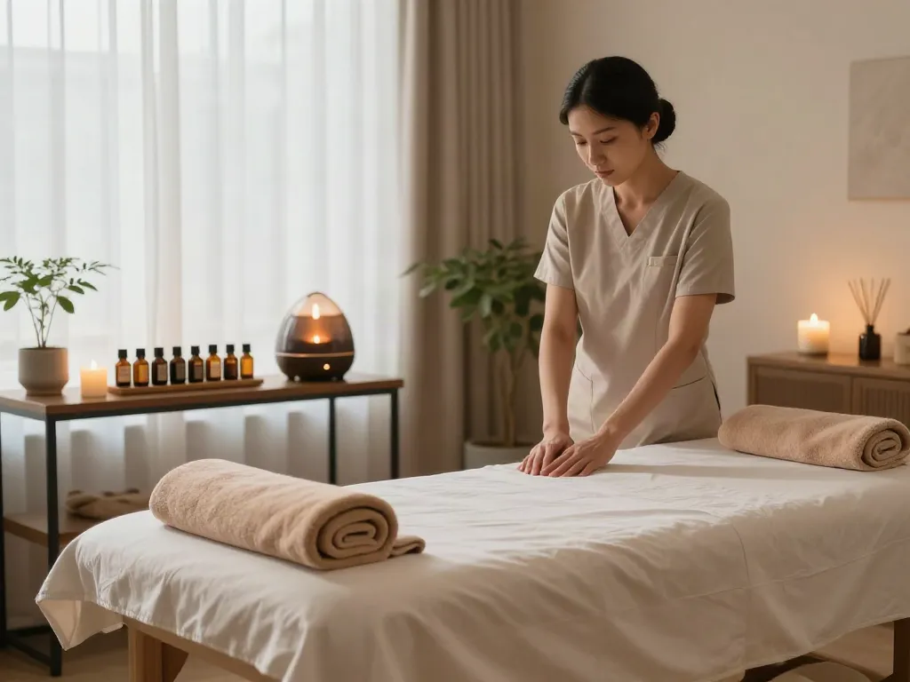 Relaxing therapy room showcasing 분당출장마사지 elements with calming ambiance and essential oils.