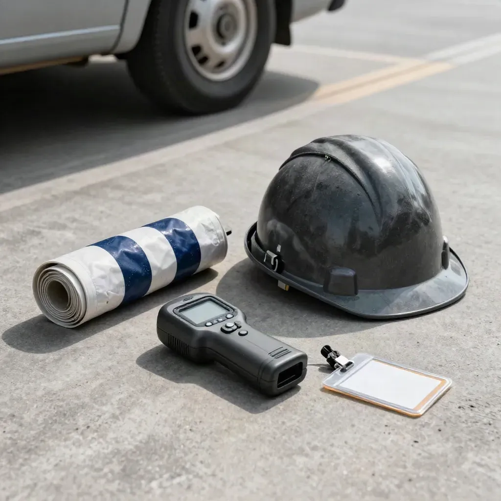 Transit safety kit with scanner, route tube, hard-hat liner, and badge clip on concrete.