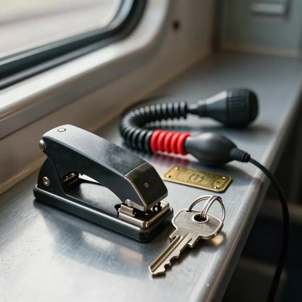 Commuter-rail kit with timetable punch, earpiece coil, route token and key ring on brushed metal.