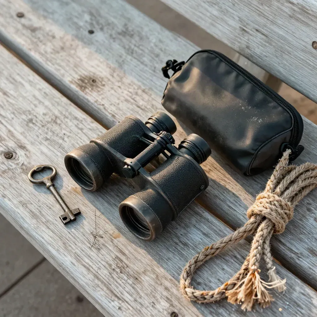 Harbor patrol gear on weathered wood in soft dawn light