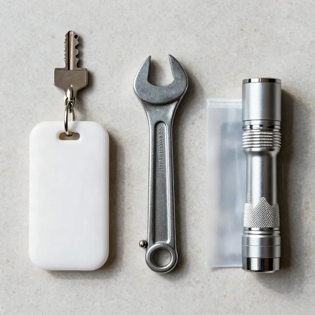 Overhead hospital security kit on pale stone: fob, wrench, pouch and flashlight in a precise grid.