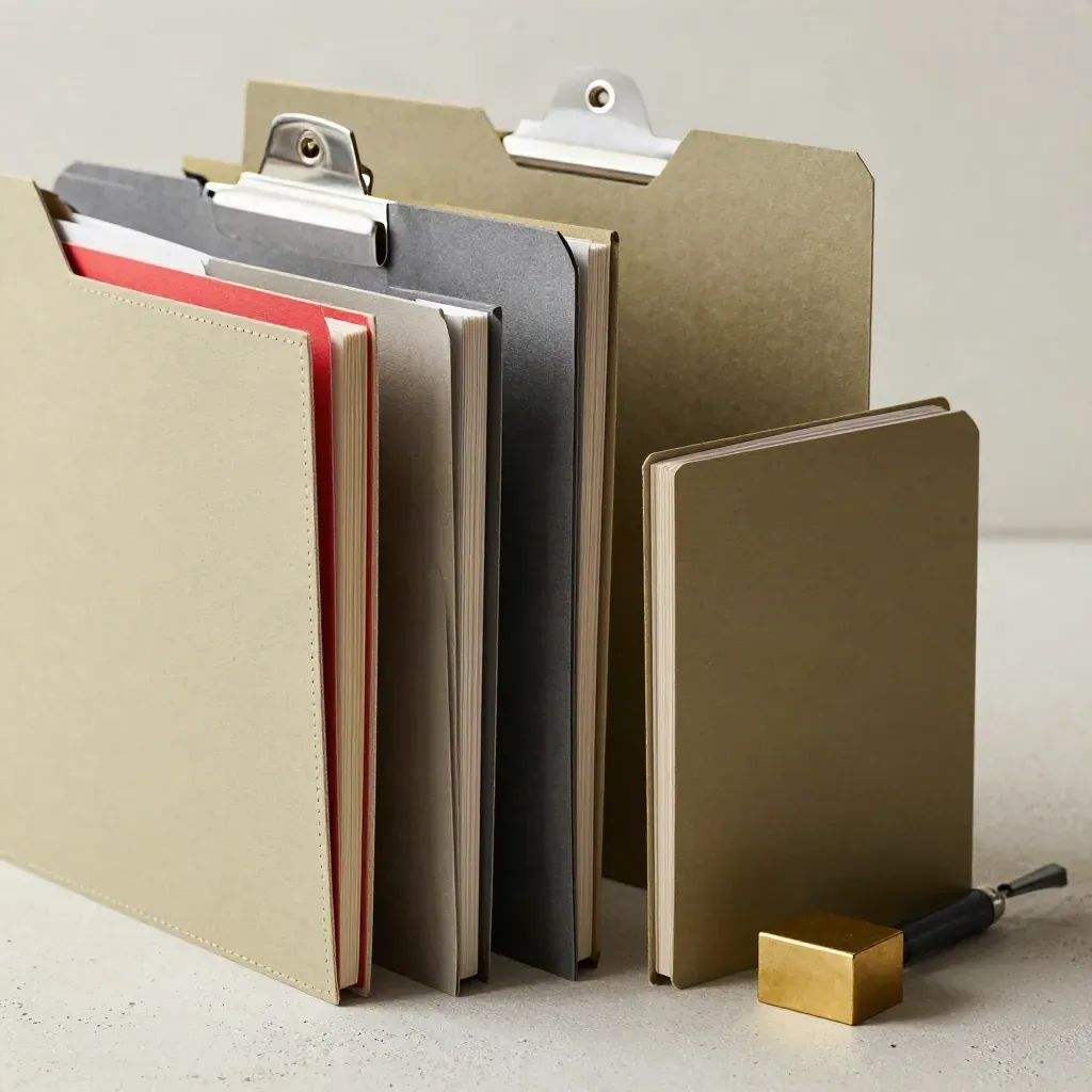 Three ranked case folders with clips and brass marker on pale concrete