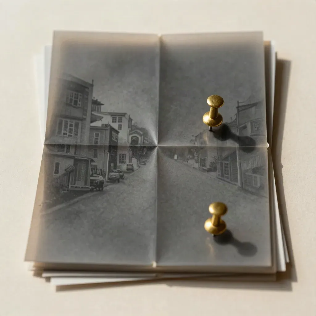 Acetate overlays, brass pushpins, and a face-down precinct sheet on graphite paper.