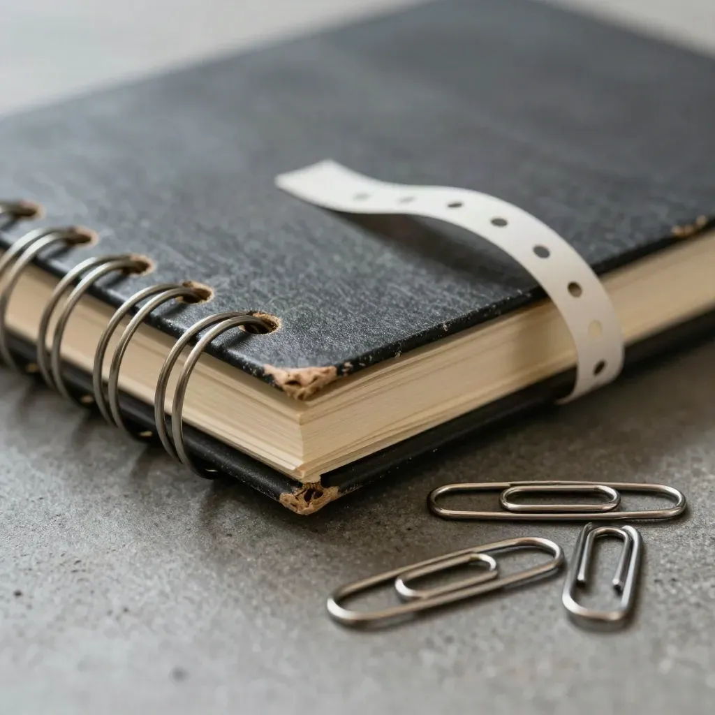 Closed spiral incident log notebook with punched strip and paperclips on concrete.