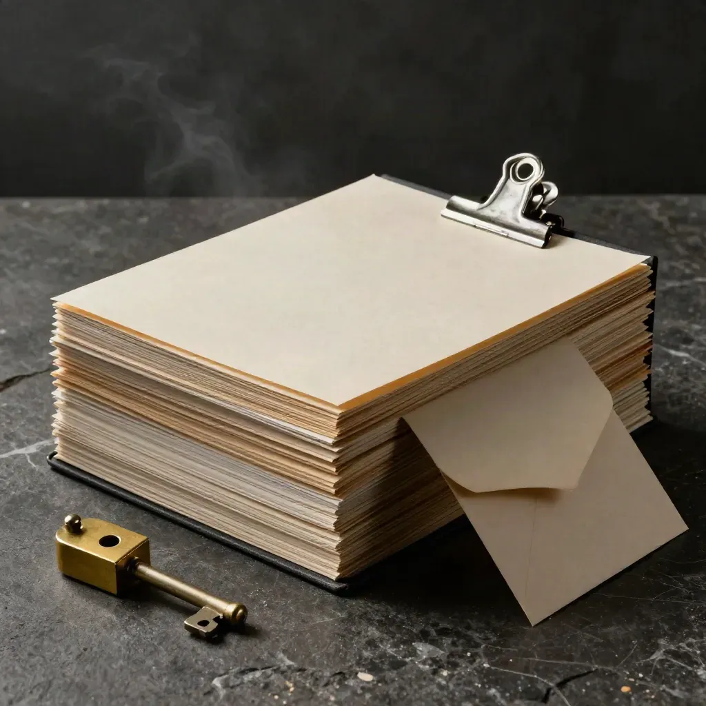 Risk-review kit with files, brass weight, binder clip and evidence envelope on dark stone