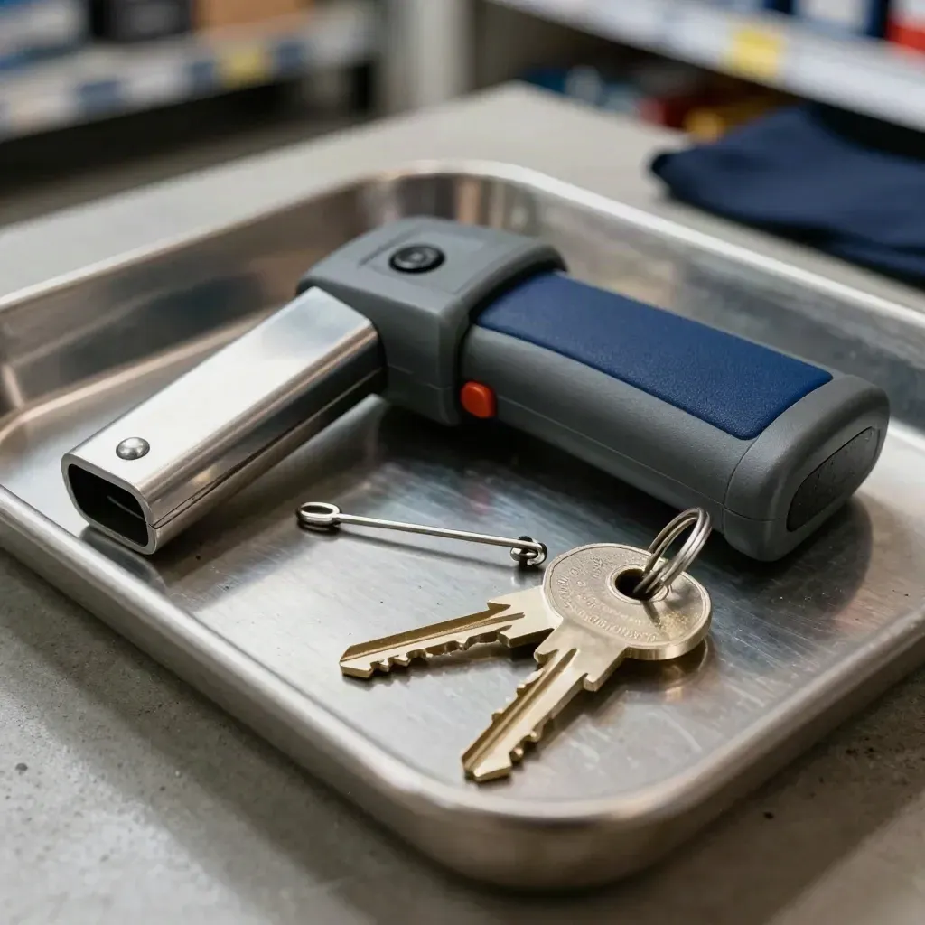 Macro loss-prevention kit with tag remover, scanner cradle, pin and store keys on a metal tray.