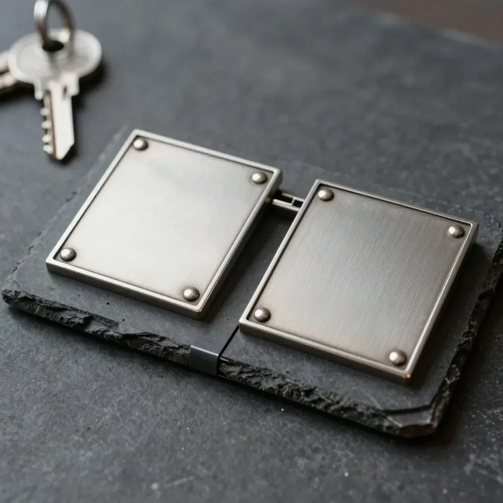 Two brushed-metal address plaques with spacer block on dark stone