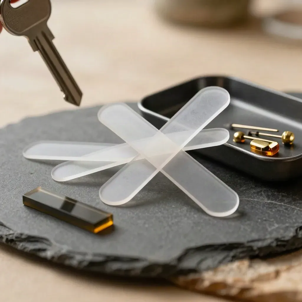 Macro of transparent route stencils, brass pins and a magnetic tray on graphite stone.
