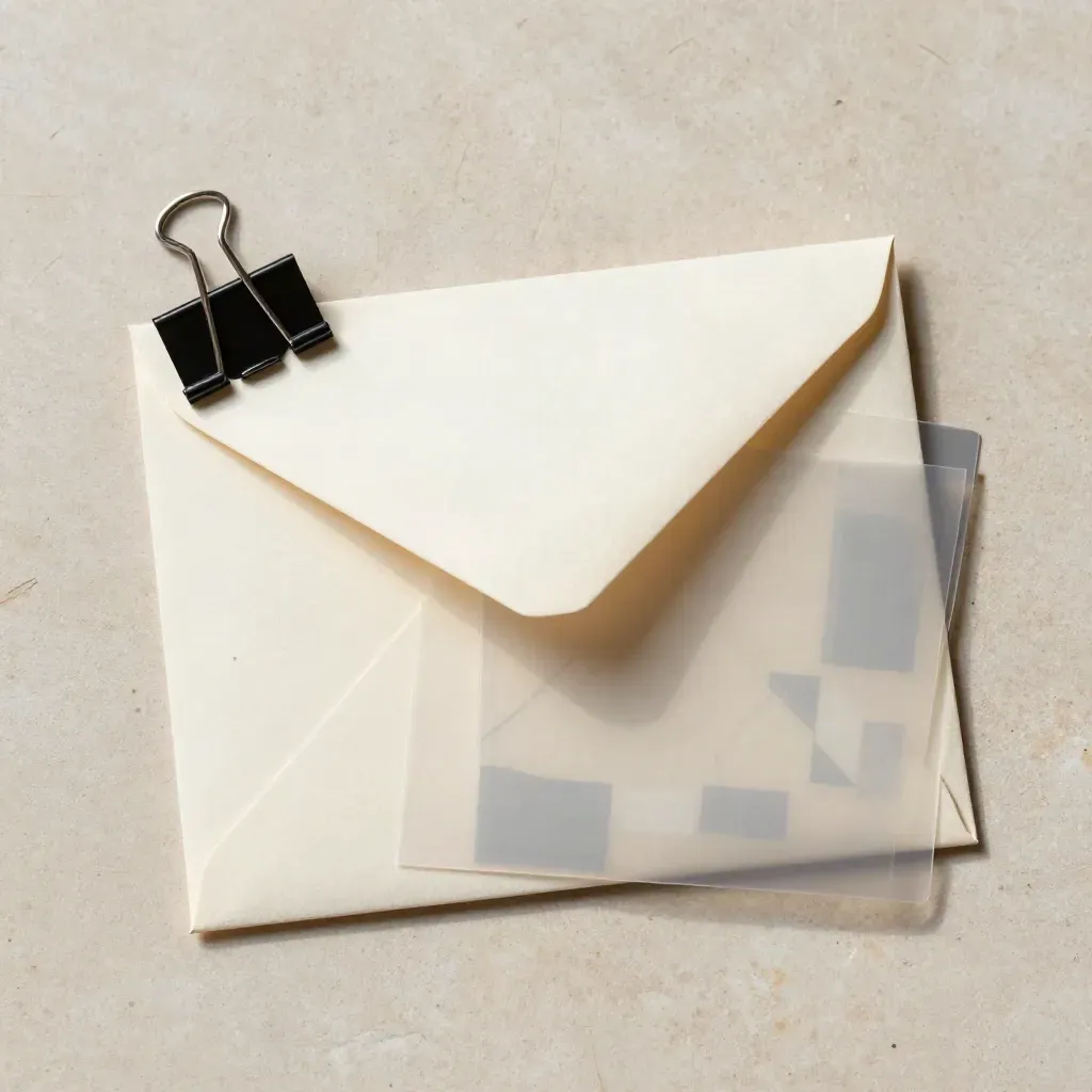 Overhead still life of a sealed report envelope, binder clip and folded acetate map sleeve on pale stone