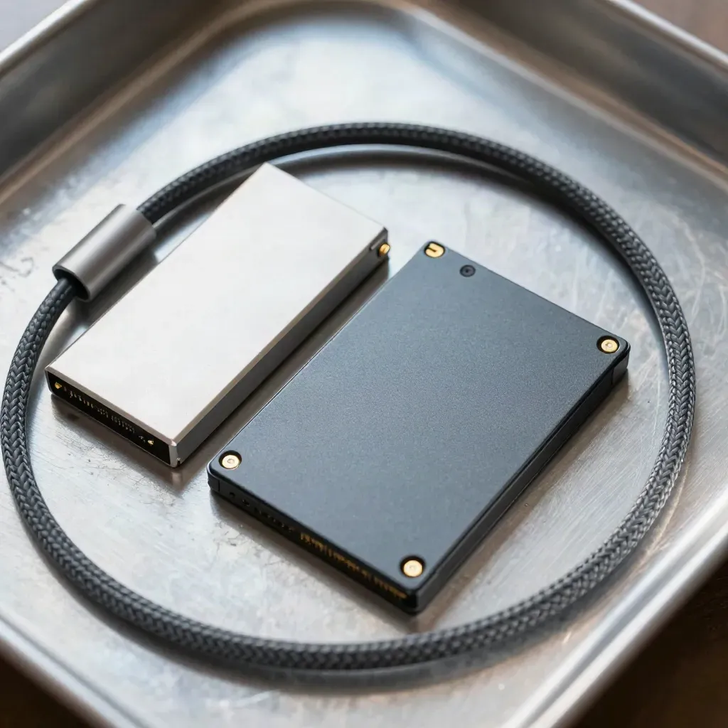 Top-down macro of an SSD, braided cable loop, card reader, and data blocks on brushed metal.