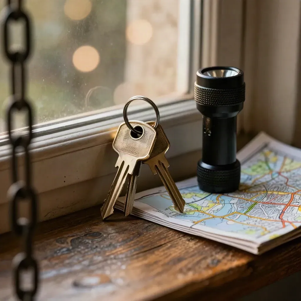 Keys, flashlight, and folded city map on a window ledge, seen through a blurred door chain.