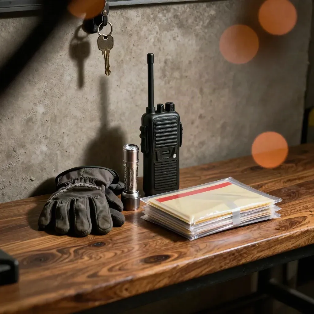 Duty gloves, flashlight, radio and sealed incident pouches on a dark bench in dramatic light.