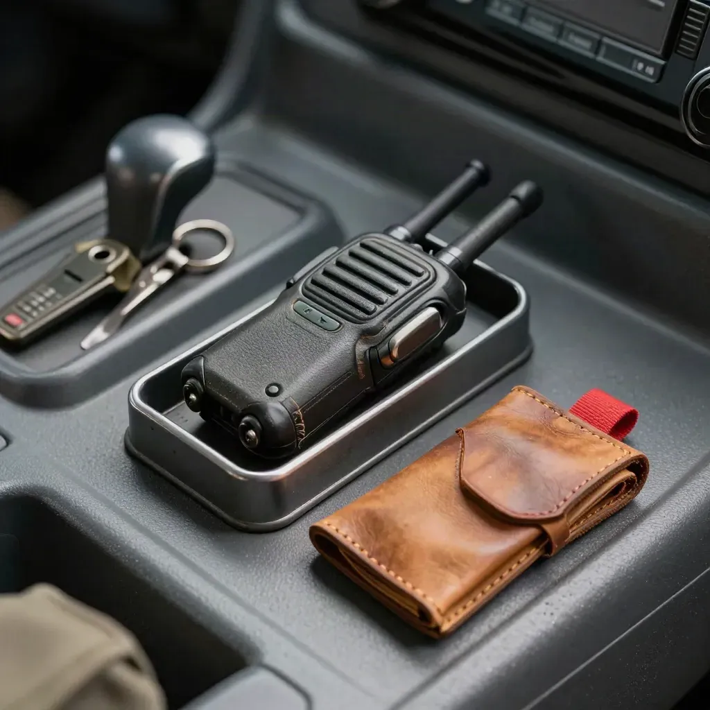Patrol radio, battery, keys and route pouch on a vehicle console, seen through a blurred partition.