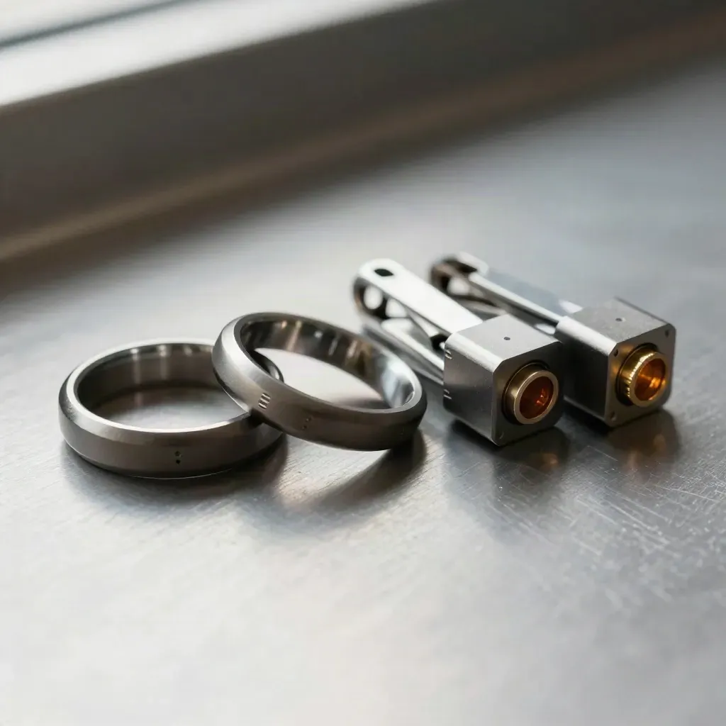 Machined rings, cable clip, and connector blocks on brushed steel under a dramatic amber highlight.