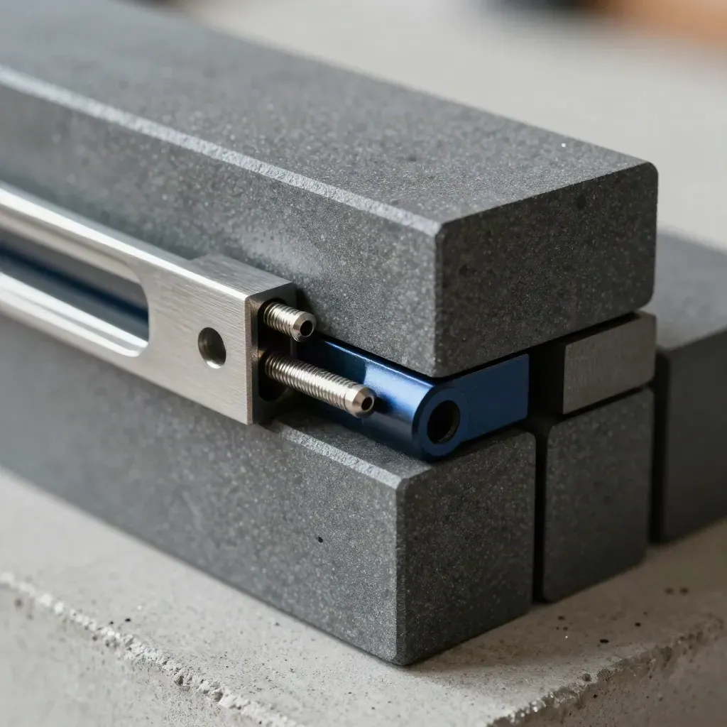 Graphite modular blocks, clamp, and alignment pin stacked on concrete under raking light.