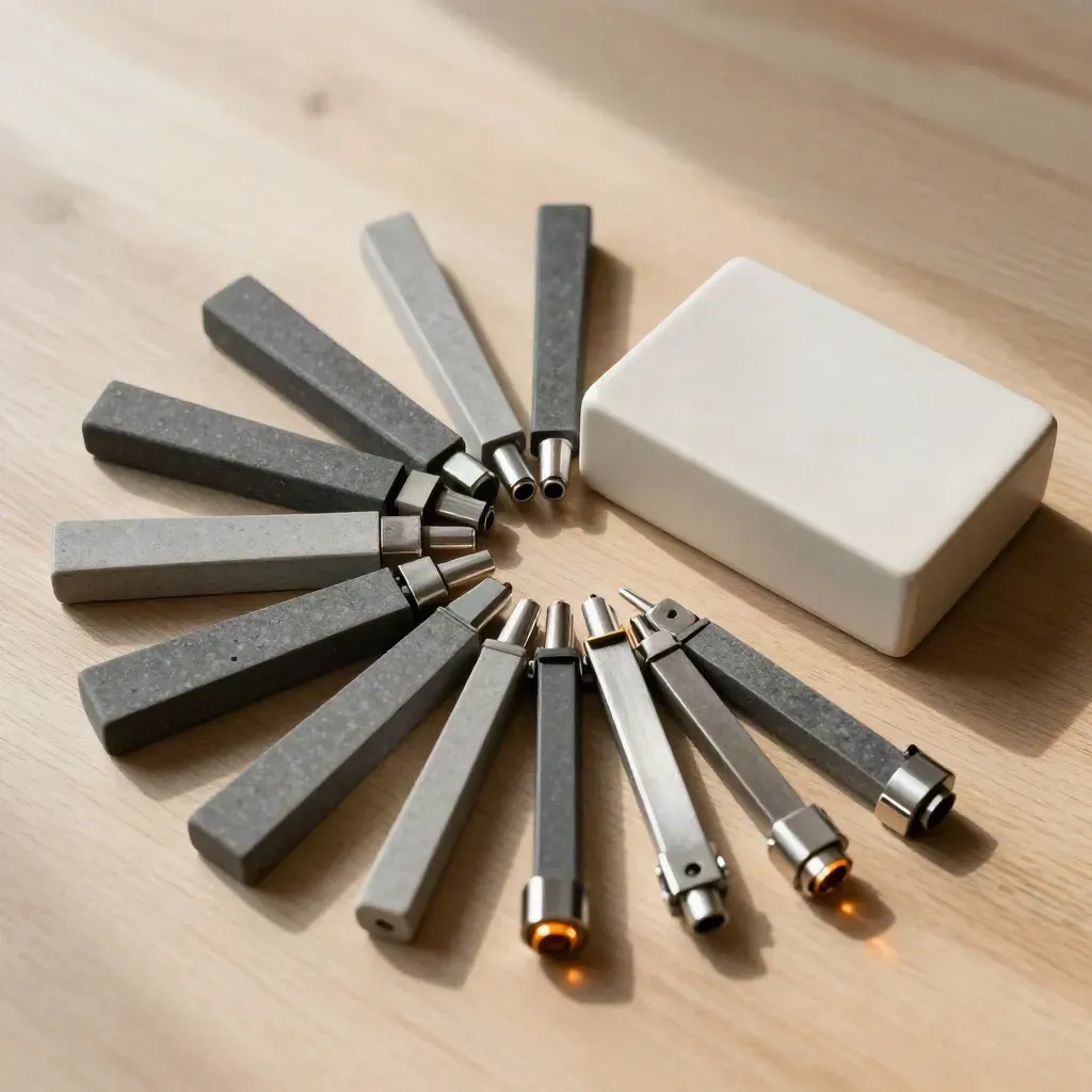 Top-down still life of stacked paperweights, ceramic block, and metal connector strip on pale oak.