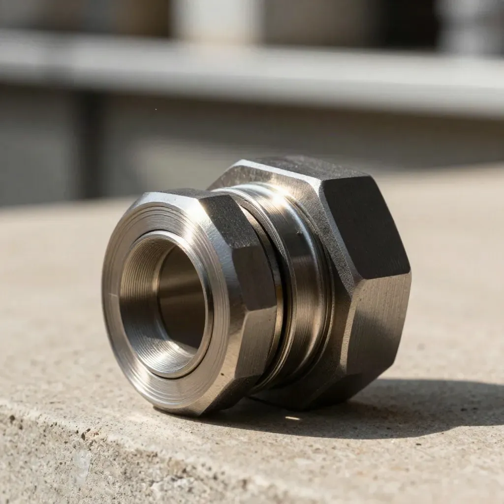 Macro of machined metal coupler, spacer, and chain links on limestone with dust motes