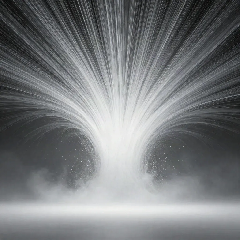 Silver filaments converge into a white bloom in dark graphite haze, with calm space below.